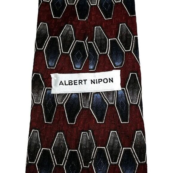 Albert Nipon Burgundy Navy Tie Silk Necktie 4 Inch Wide 58 Long - Picture 2 of 2